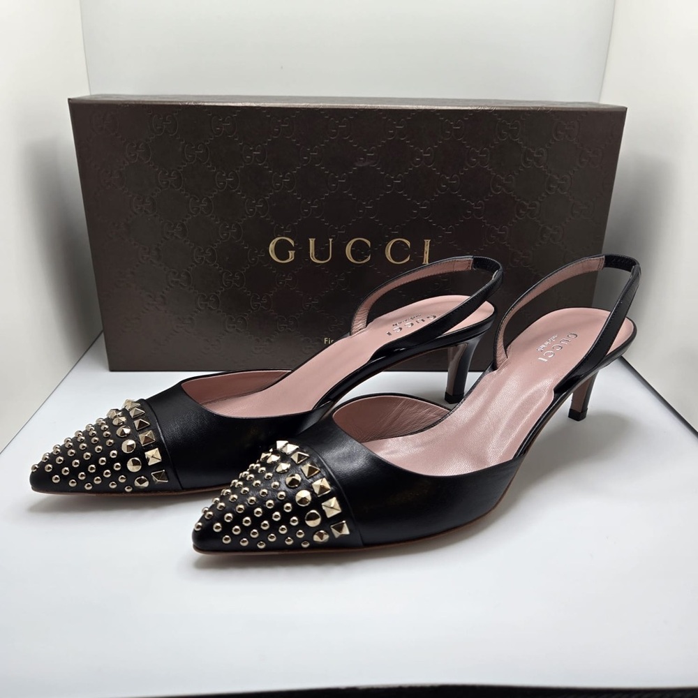 Gucci Black Leather Studded Pointed Toe Slingback Sandals kitten heel 37.5